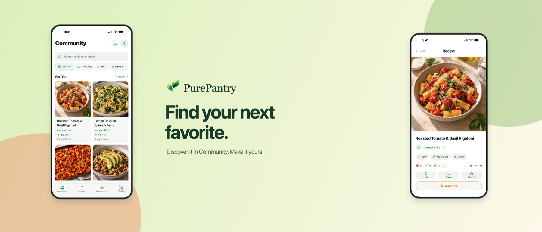Find your next favorite. PurePantry shows a community recipe feed and recipe details.